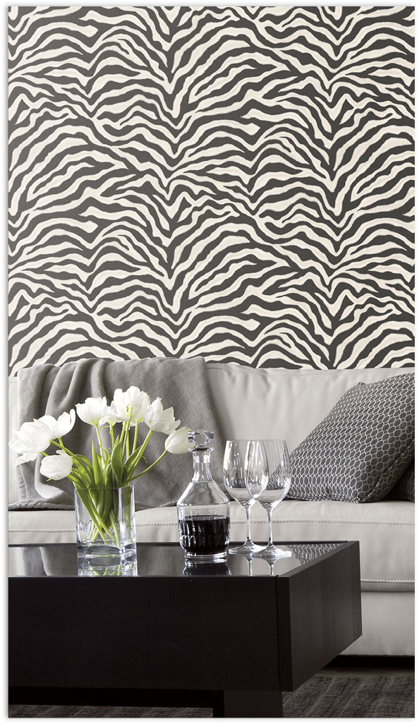 Black and white Zebra skin texture wallpaper in a living room