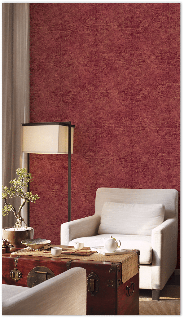 Red crocodile skin texture wallpaper in living room