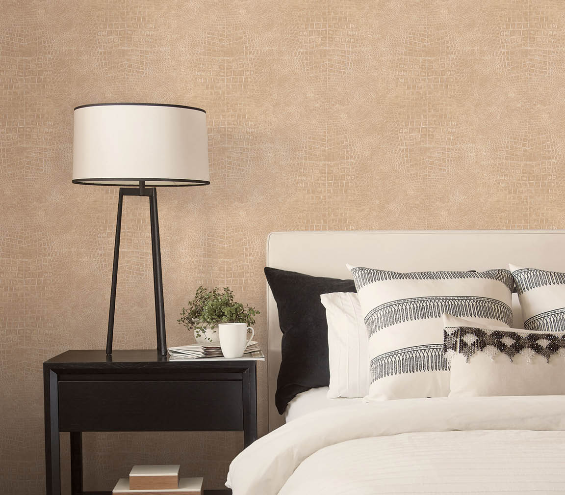 Beige crocodile skin texture wallpaper in a modern bedroom   20 Oct 2014 --- Modern bedroom --- Image by   Hero Images Inc  Hero Images Inc  Corbis