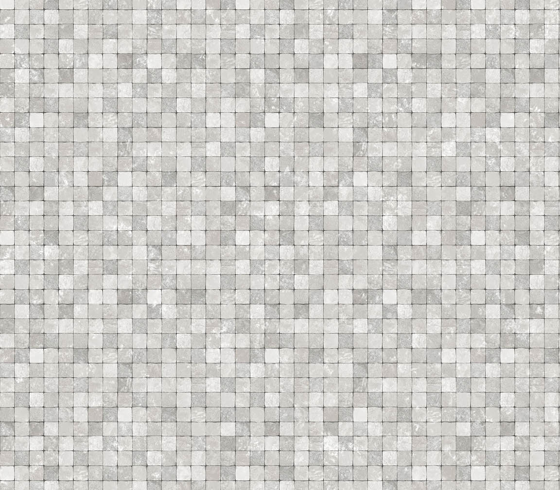 Grey and metallic silver tessera mosiac tiles in-register embossed wallpaper