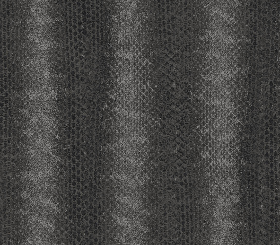 Grey, black and metallic silver reptile stripe texture in-register embossed wallpaper