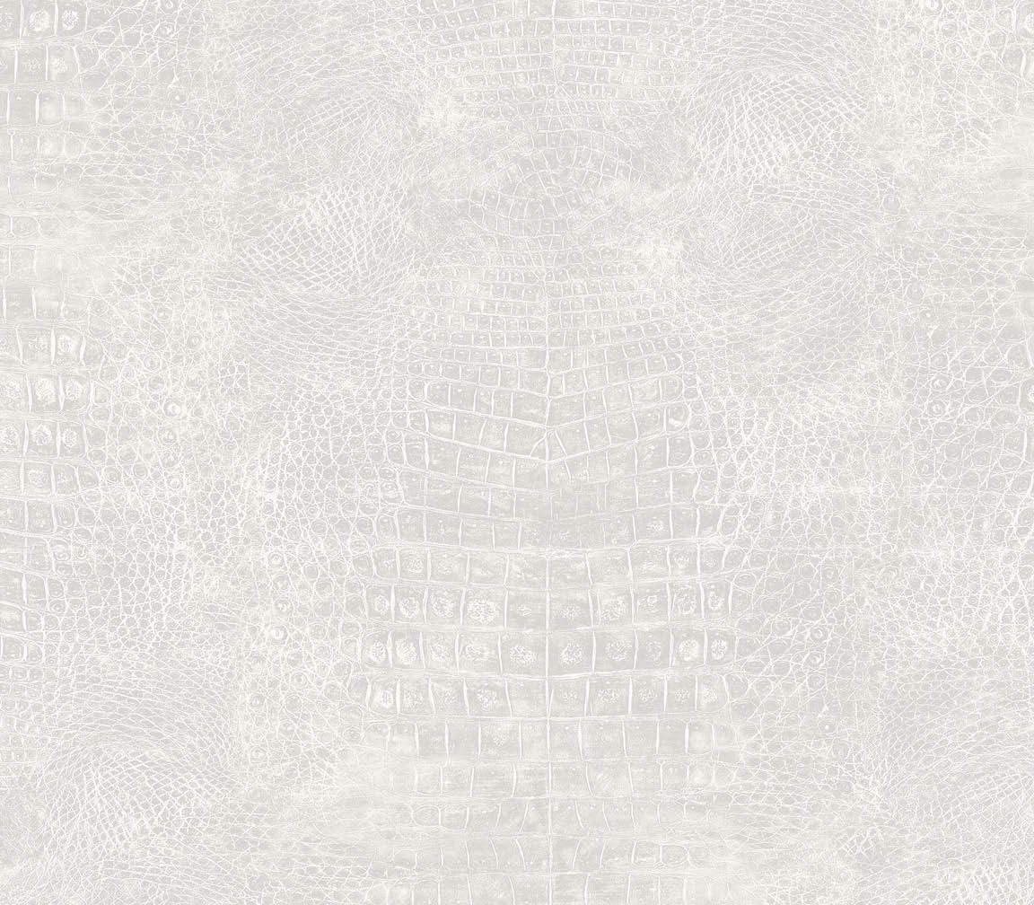 Grey and metallic silver crocodile textured in-register embossed wallpaper