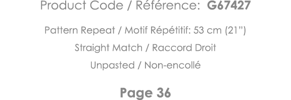 Product Code   Référence: G67427 Pattern Repeat   Motif Répétitif: 53 cm (21 ) Straight Match   Raccord Droit Unpaste   