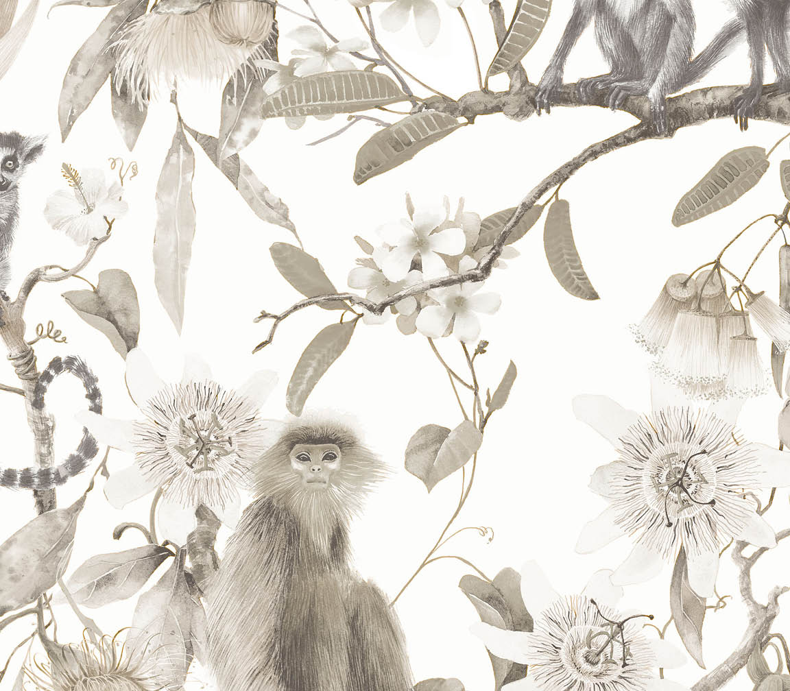 beige and taupe lemur and floral trail wallpaper