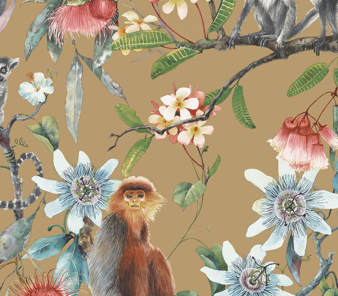 metallic gold background lemur and floral trail wallpaper