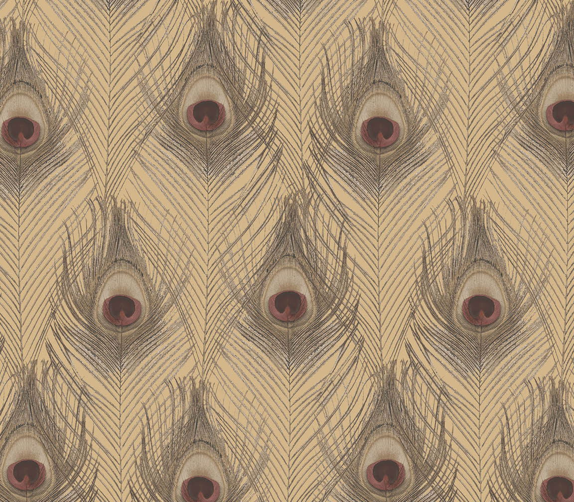metallic gold and red peacock feathers wallpaper