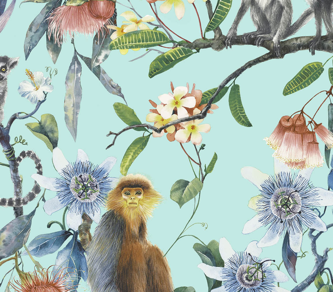 turquoise background with lemur and floral trail wallpaper