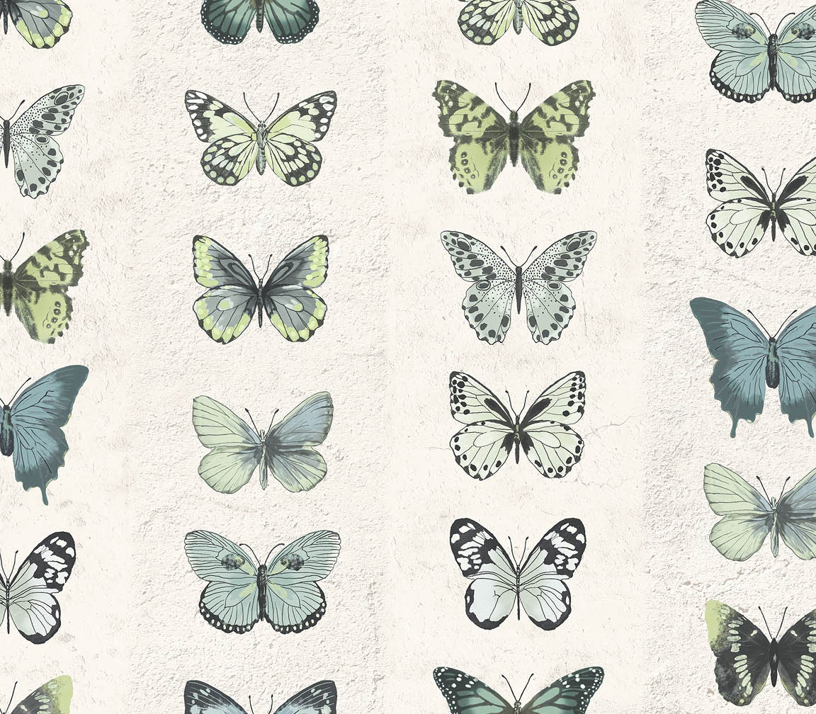 green, blue and beige butterflies wallpaper