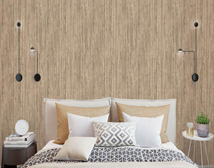 Modern bedroom with an ochre and brown vertical grasscloth texture wallpaper