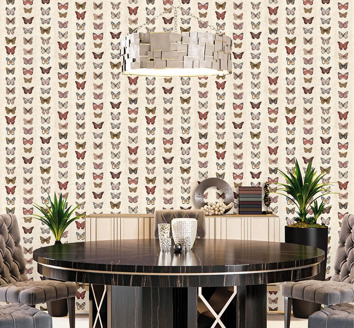 Luxury modern dining room with butterflies in red and beige wallpaper