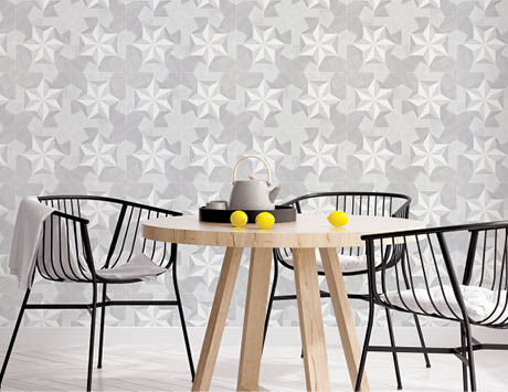 Contemporary kitchen eat in area with grey wood in lay wallpaper