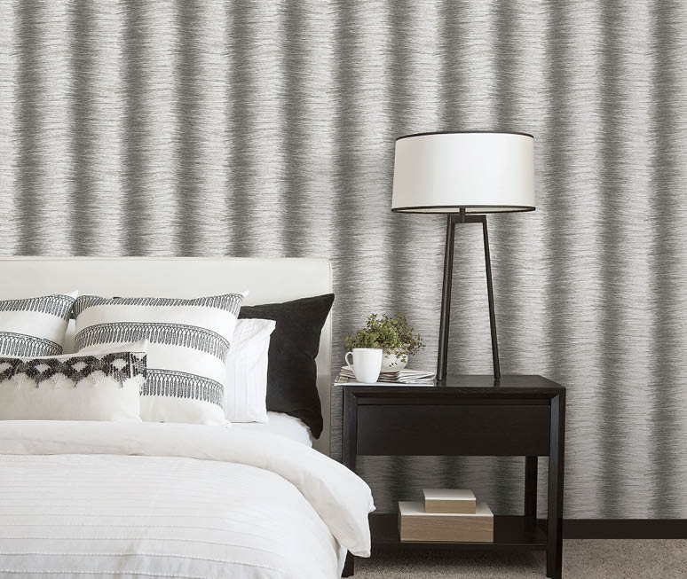 Modern bedroom with beige and black stripe hair texture wallpaper   20 Oct 2014 --- Modern bedroom --- Image by   Hero Images Inc  Hero Images Inc  Corbis