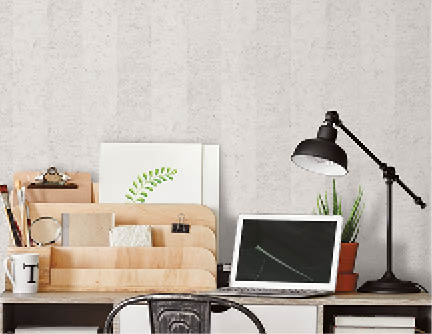 Office desk with grey striped concrete wallpaper