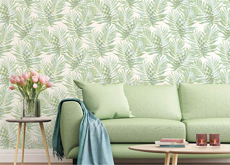 Contemporary living room with blue and green palm leaves wallpaper