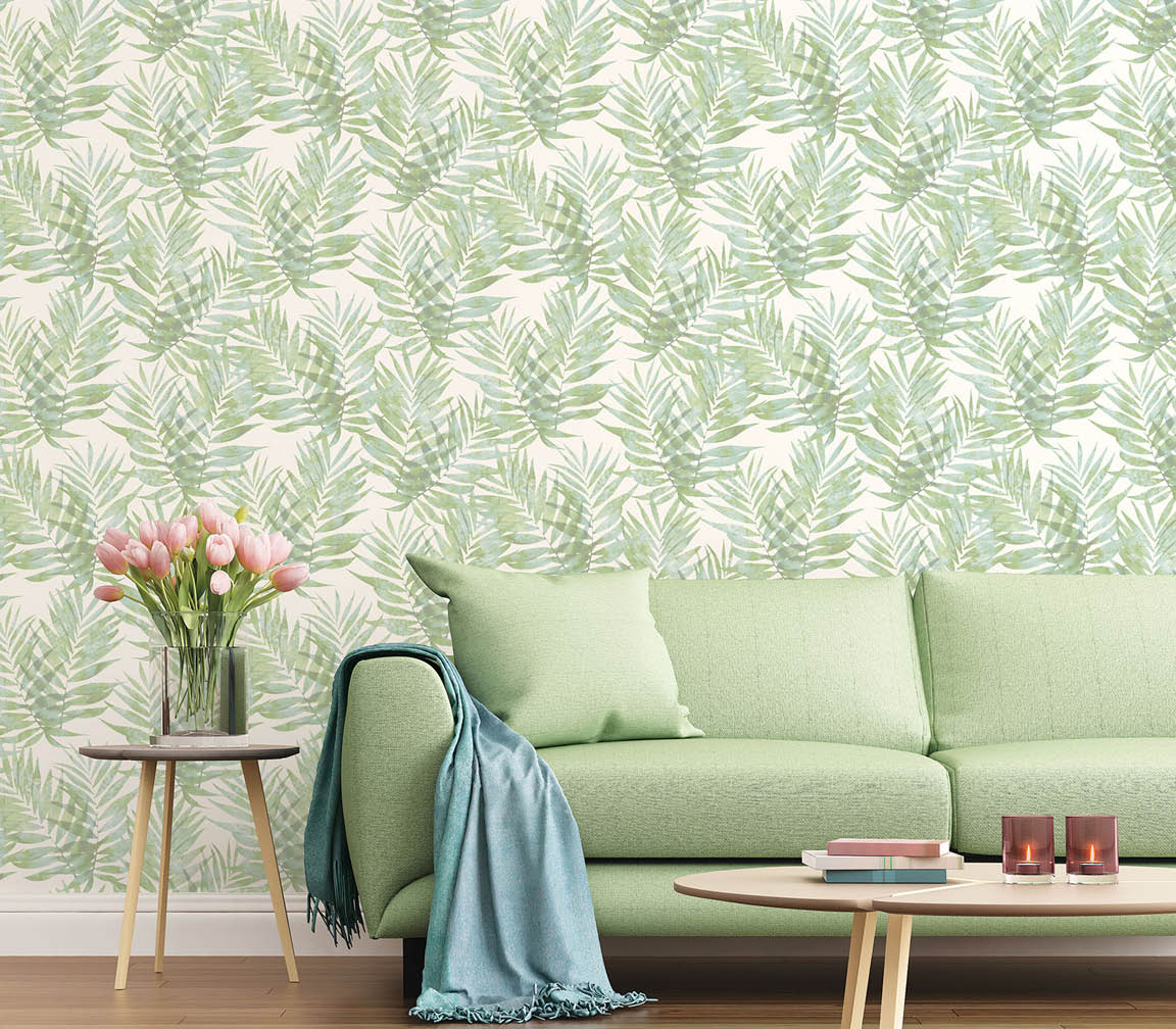 Contemporary living room with blue and green palm leaves wallpaper