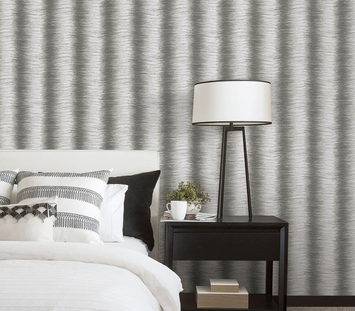 Modern bedroom with beige and black stripe hair texture wallpaper   20 Oct 2014 --- Modern bedroom --- Image by   Hero Images Inc  Hero Images Inc  Corbis
