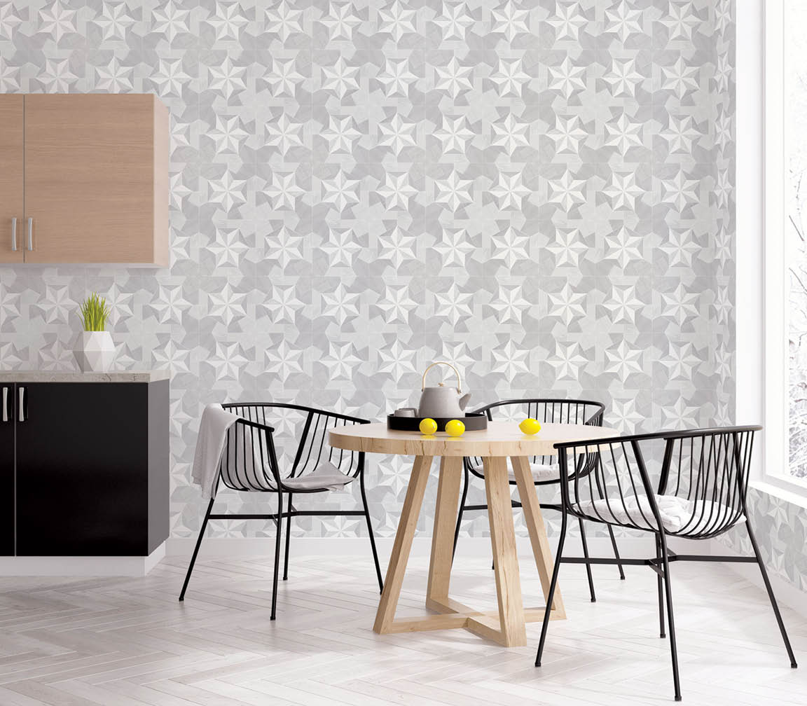 Contemporary kitchen eat in area with grey wood in lay wallpaper