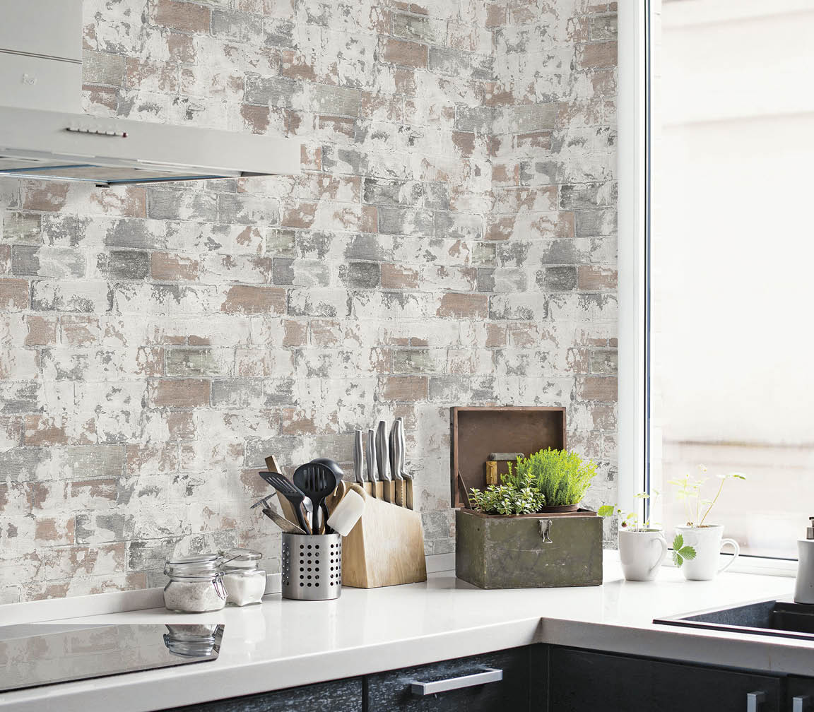 Modern kitchen with red brown and grey exposed brick wallpaper