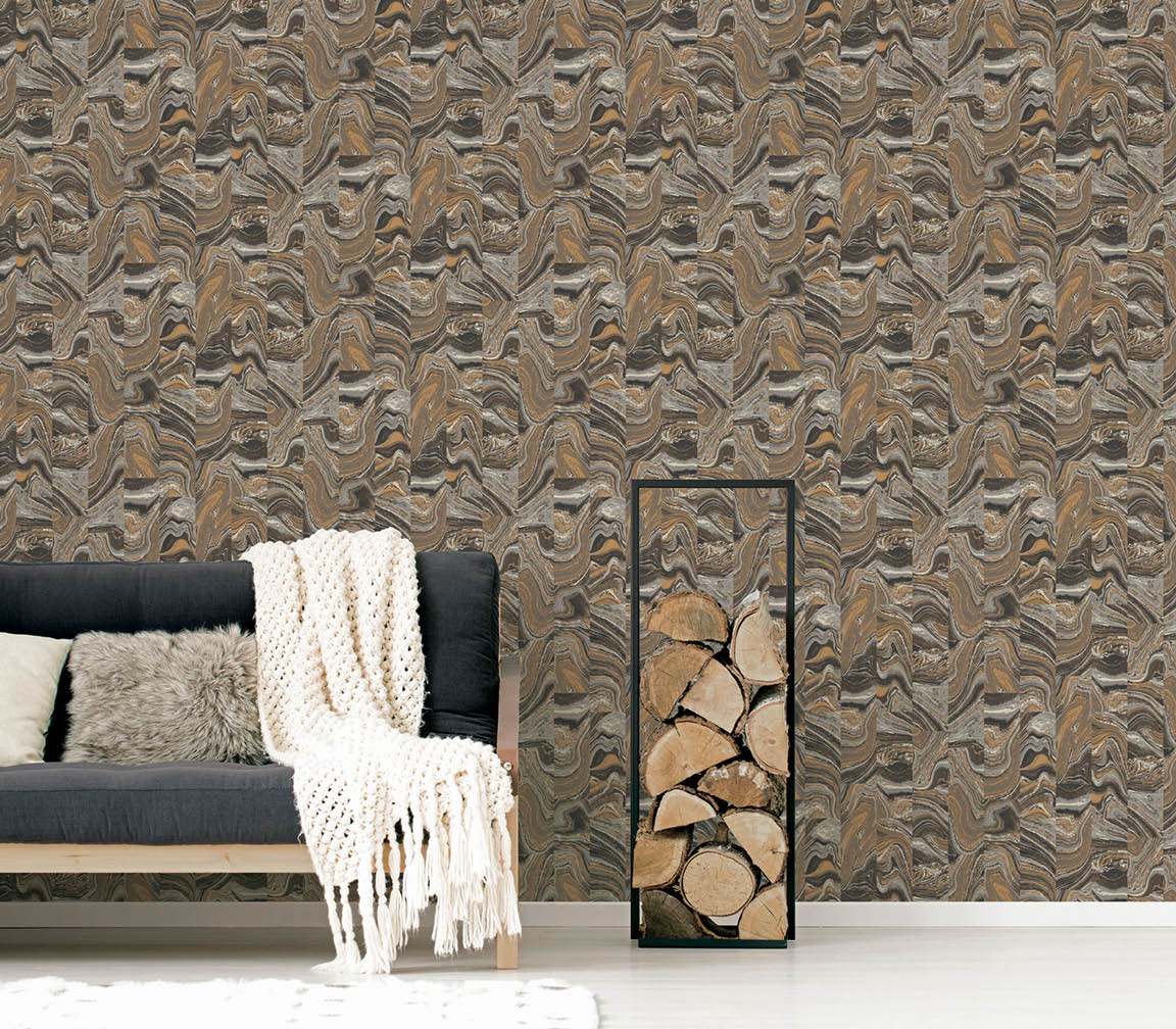 Modern living room with a brown and black agate texture in small tiles wallpaper