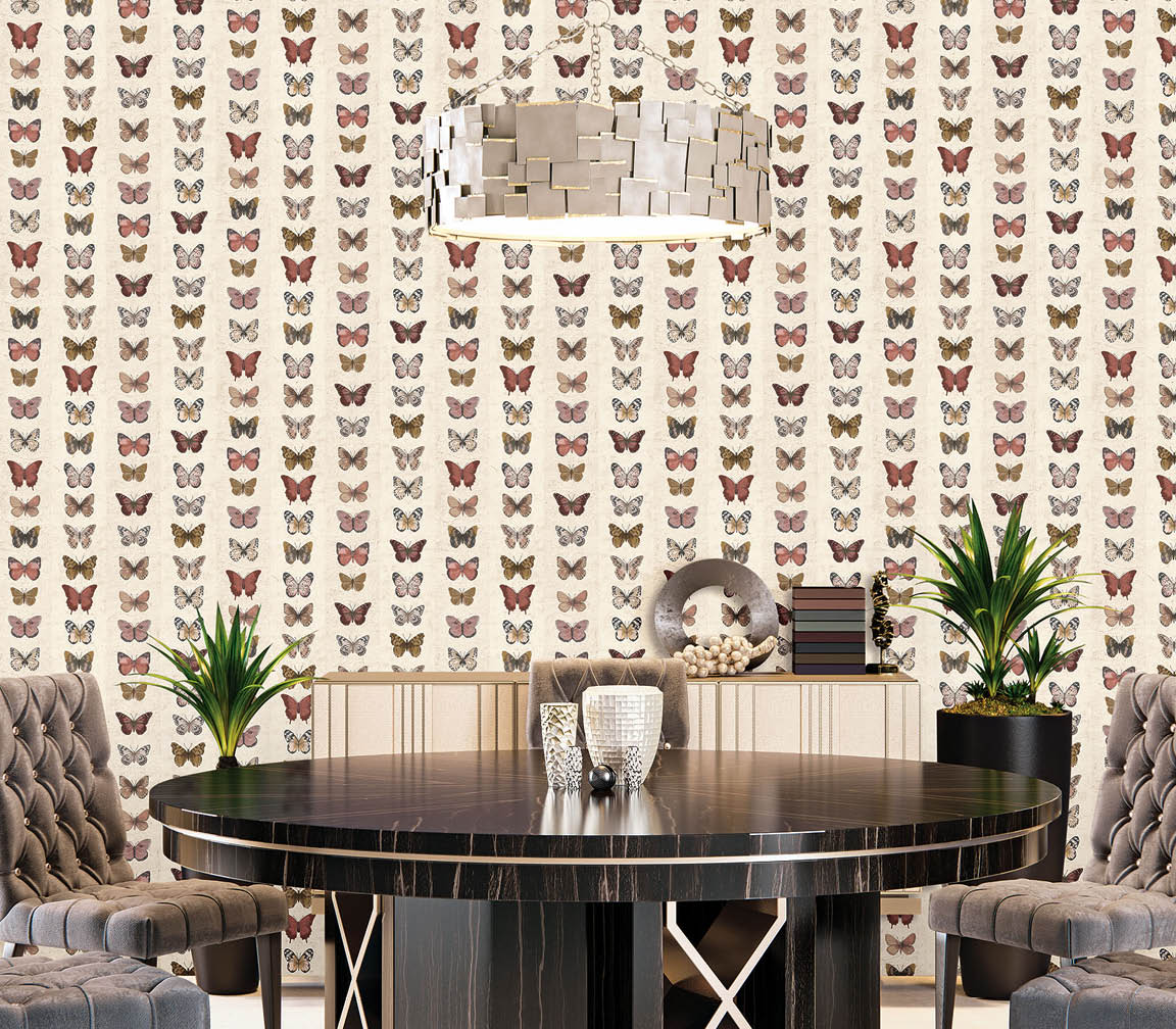 Luxury modern dining room with butterflies in red and beige wallpaper