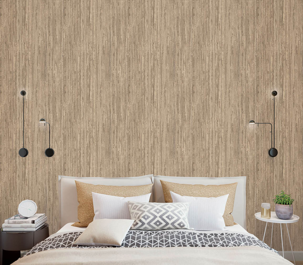 Modern bedroom with an ochre and brown vertical grasscloth texture wallpaper