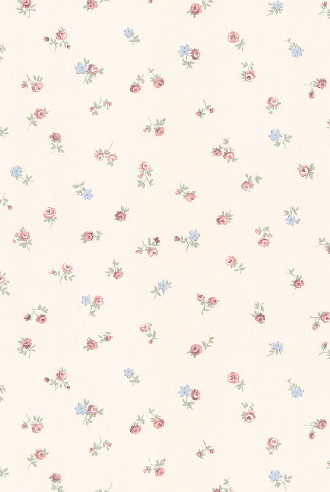 floral allover in red and blue on beige wallpaper