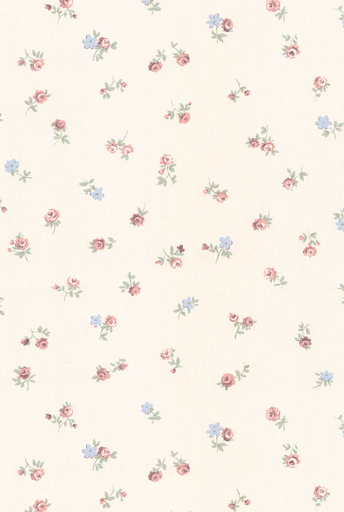 floral allover in red and blue on beige wallpaper
