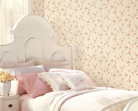 bedroom with small print floral trail in red and taupe on beige background wallpaper