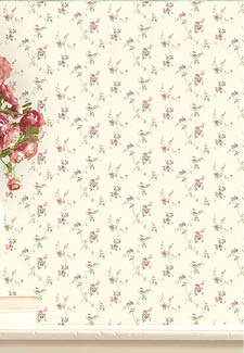 vignette with small print floral wallpaper and border in pinks, green and beiges