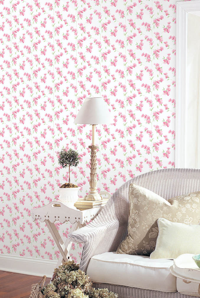 living room with pink and green floral wallpaper