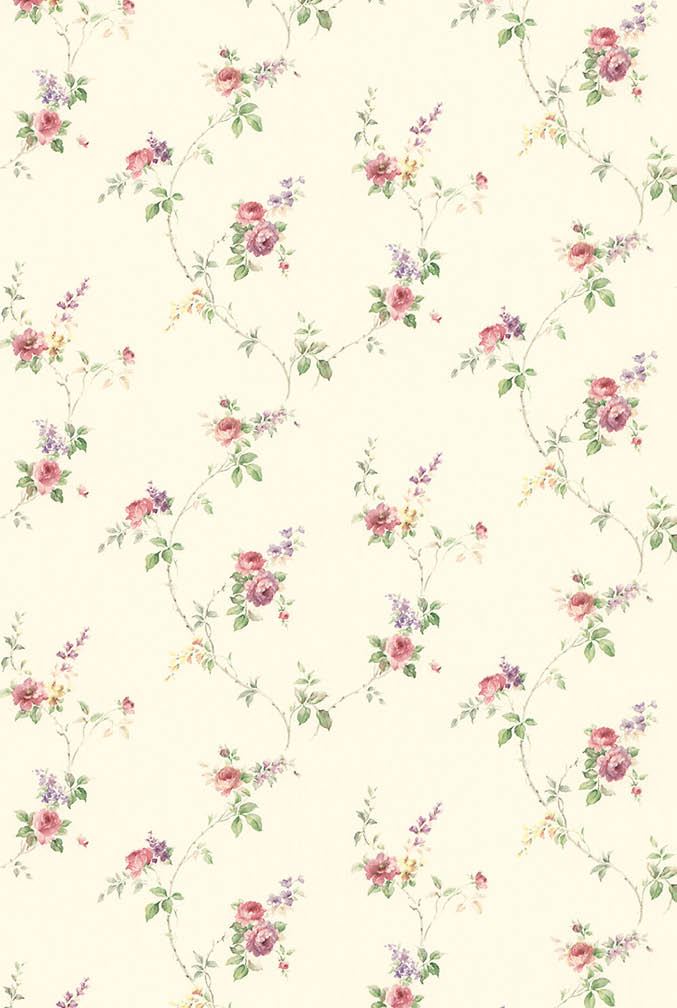 pink and green mini floral trail on beige wallpaper