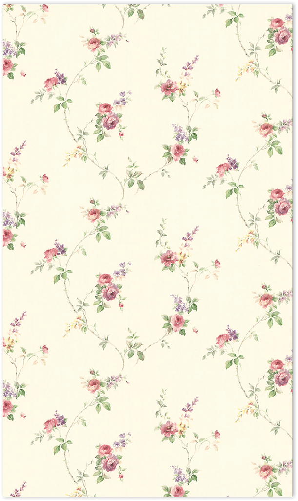 pink and green mini floral trail on beige wallpaper