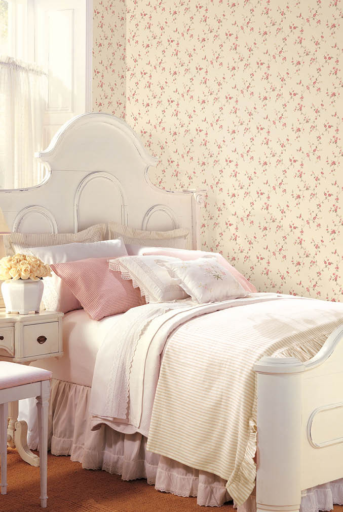 bedroom with small print floral trail in red and taupe on beige background wallpaper
