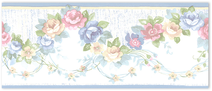 blue pink and yellow rose scallop border wallpaper