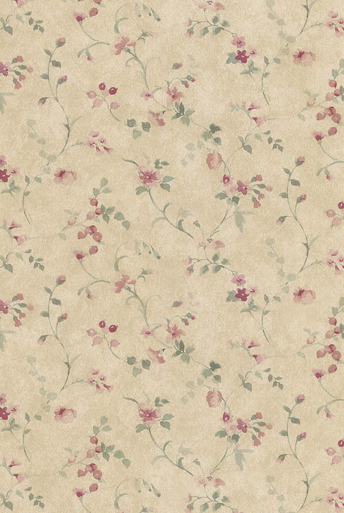 floral trail in red and green on dark beige wallpaper