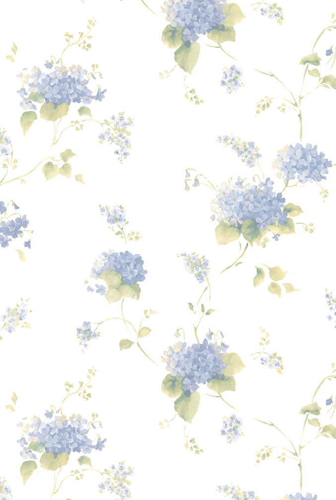 light blue hydrangea flower trail on white wallpaper