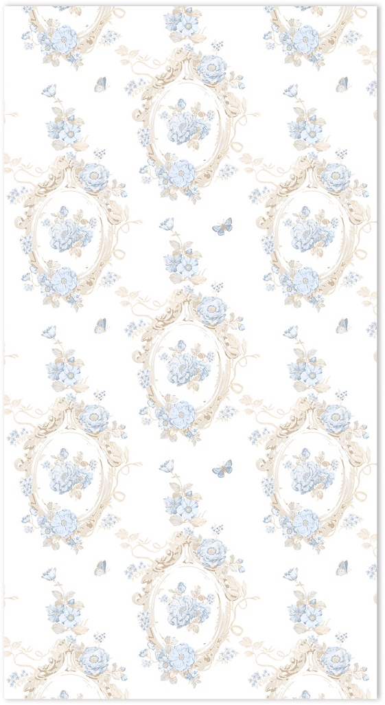 blue and beige floral on white wallpaper