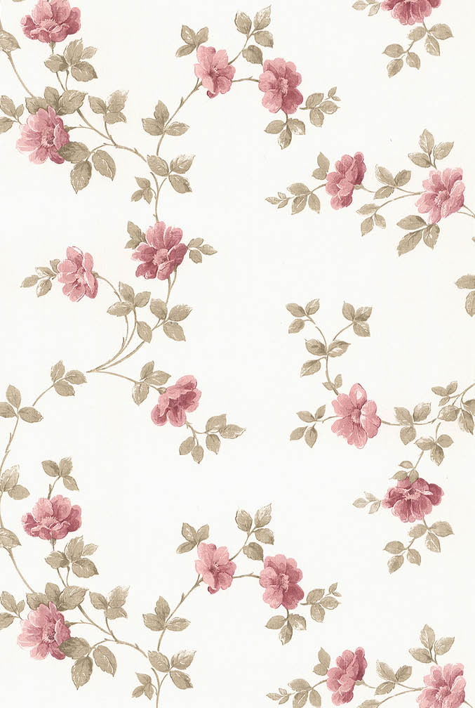 red and taupe floral on white wallpaper