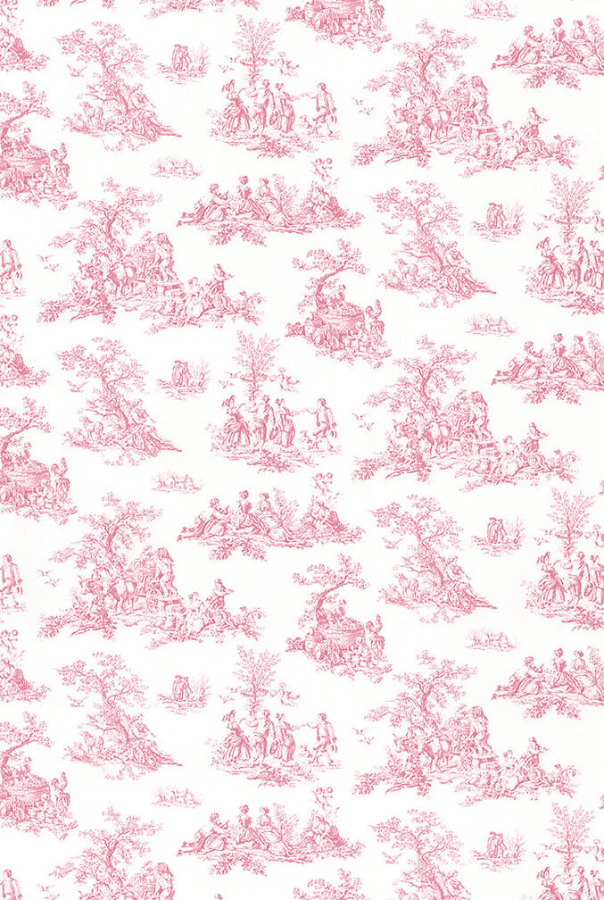 pink toile on white wallpaper