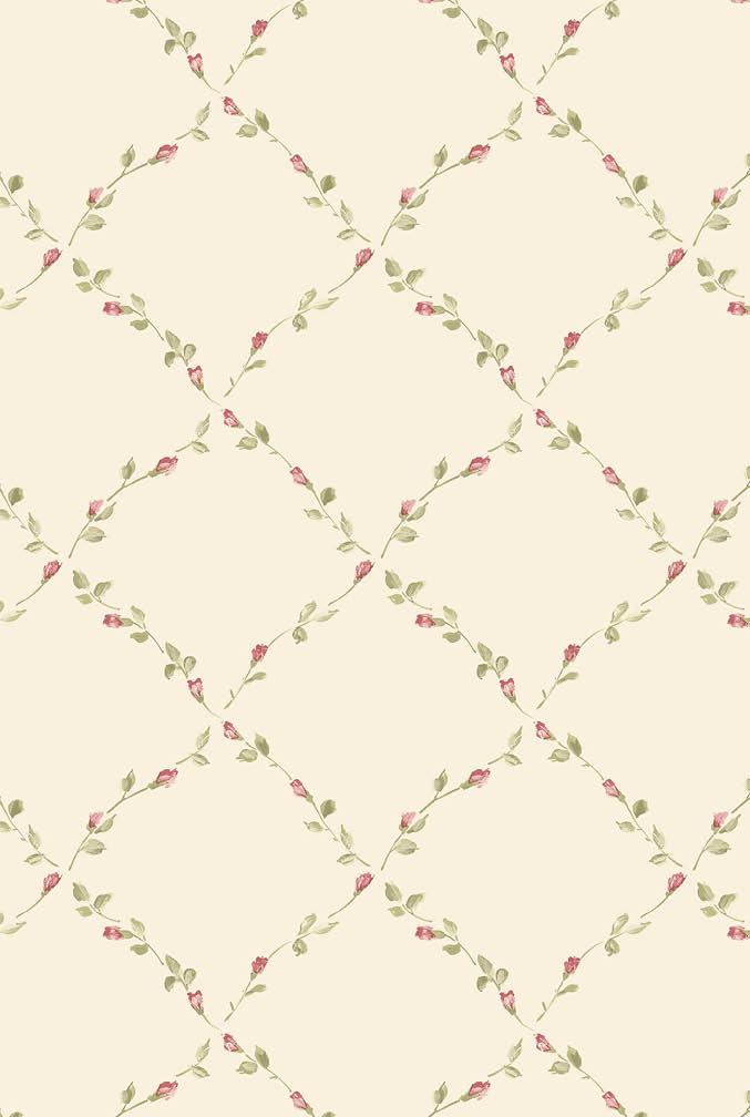 cream red and green floral trellis wallpaper