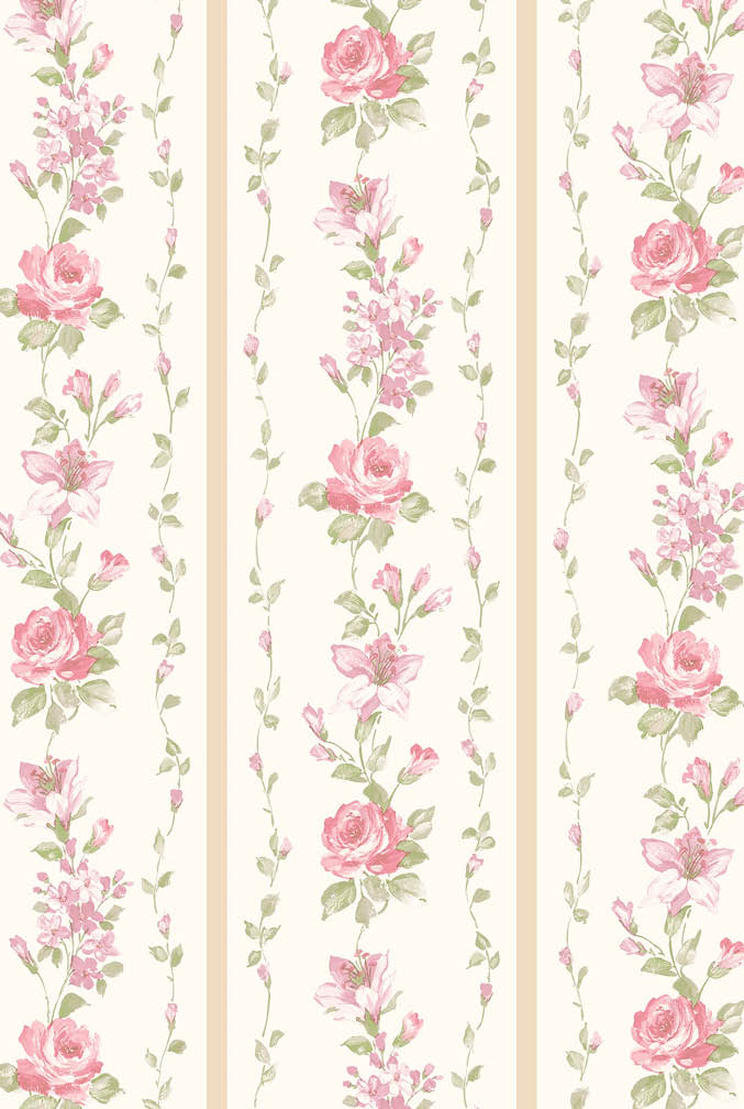 beige and pink floral stripe wallpaper