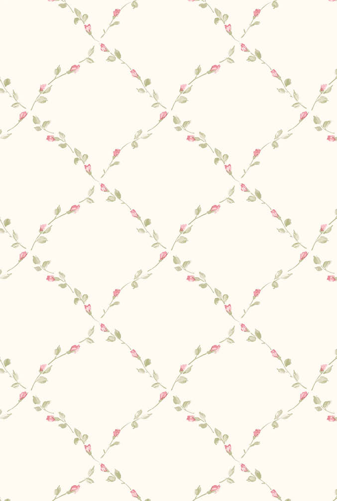 beige pink and green floral trellis wallpaper