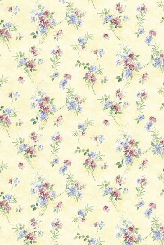 red and blue mini floral trail on yellow wallpaper