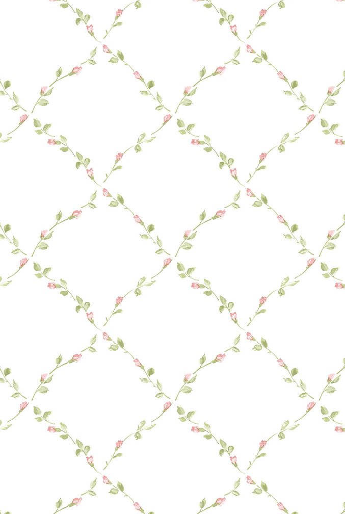 pink and green floral trellis on white wallpaper