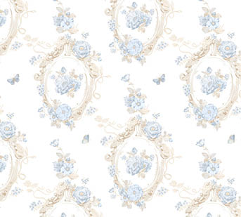 blue and beige floral on white wallpaper