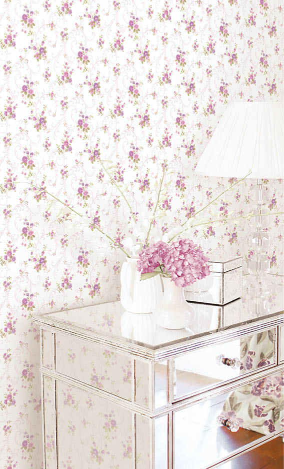 Vignette with purple floral trail and filigree wallpaper