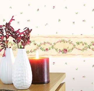 Vignette with floral border in yellow red and green and small floral toss wallpaper in red and green on white