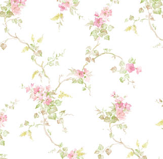 pink and green floral trail on white wallpaper