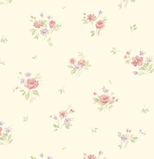 red green floral allover on beige wallpaper