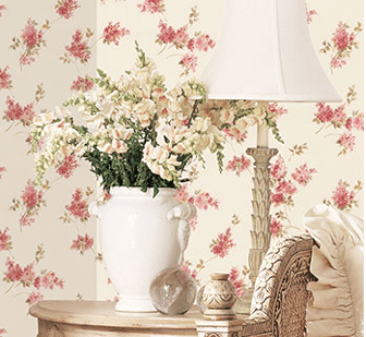 Vignette with red and beige floral wallpaper
